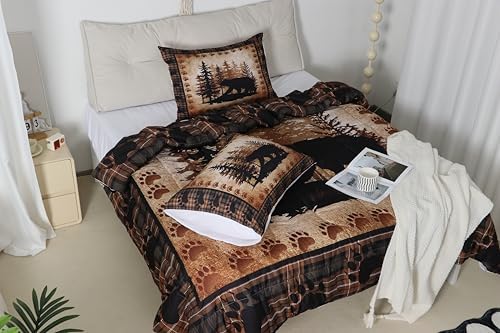 Castle Fairy Bear Print Comforter Set Queen Size,Wild Animal Hunt Pine Trees Retro Bedding Set for Women Adult,Rustic Grid Plaid Cabin Decor Luxury Bed Duvet Insert, 2 Pillowcases