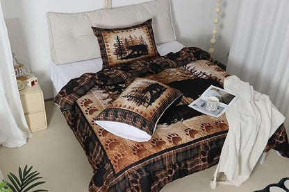 Castle Fairy Bear Print Comforter Set Queen Size,Wild Animal Hunt Pine Trees Retro Bedding Set for Women Adult,Rustic Grid Plaid Cabin Decor Luxury Bed Duvet Insert, 2 Pillowcases
