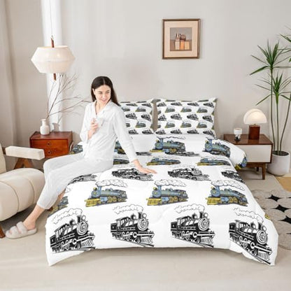 Feelyou Blue Vintage Train Comforter Set Queen Size Retro Steam Locomotive Down Bedding Set for Kids Boys Girls Transportation Vehicles Duvet Quilt Bedroom Decor Microfiber 3 Pcs with 2 Pillow Cases