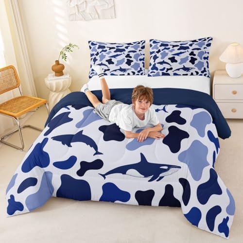 Manfei Sea Animal Camo Comforter Set Queen Size,Sharks and Whales Camouflage Bedding Set 3pcs,Blue Ocean Camo Down Comforter for All Season,Kids Boys Girls Room Decor,2 Pillowcases,No Sheets