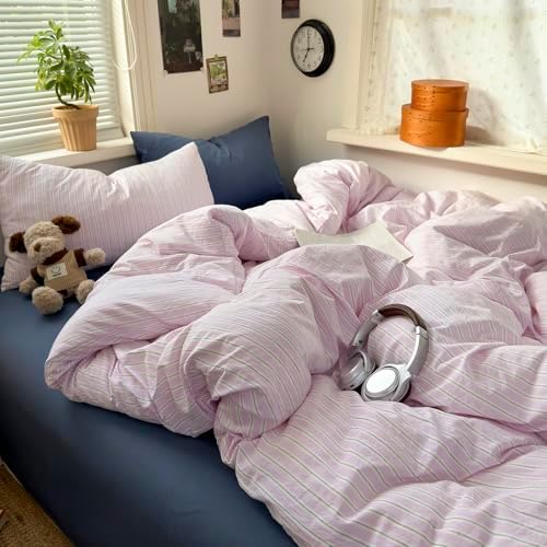 mixinni Pink White Striped Duvet Cover King Size, 3-Piece Washed Microfiber Vintage Striped Bedding Set, Soft Aesthetic Stripe Pattern Duvet Cover with Zipper Closure & Corner Ties for Women Girls
