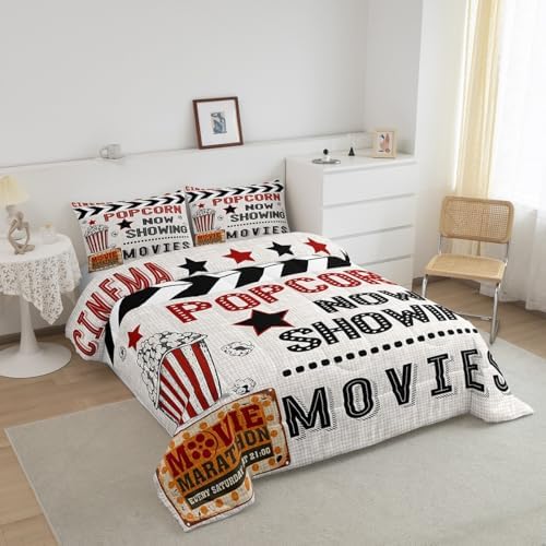 Homewish 70's Vintage Cinema Movie Theater Comforter Set Popcorn Bedding Set 2pcs Cinema Poster Design All Season Quilt Set for Kids Boys Girls Black Red Microfiber Duvet Insert Room Decor Twin Size