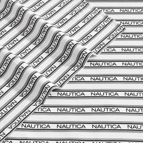 Nautica - Twin Sheet Set, Breathable & Cooling Microfiber Bedding with Matching Sham(s), Casual Home Decor (Striped Nautica Logo Grey, Twin)