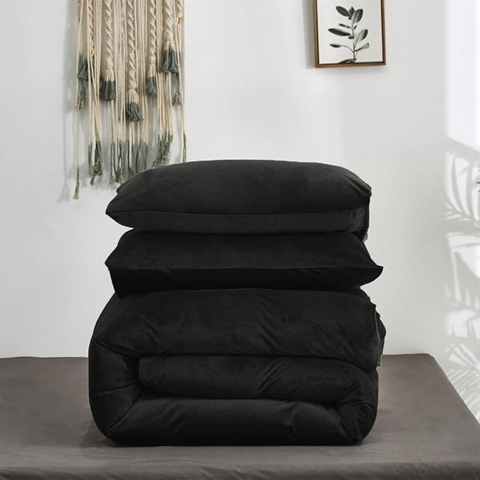 Houseri Black Velvet Comforter Set - Full Size, Fluffy Bedding Sets with Fuzzy Comforter, Sherpa Comforter, Soft Warm Comfy Flannel Comforters