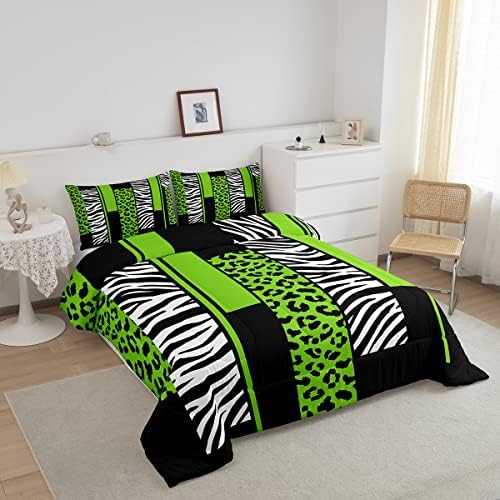 Leopard Zebra Comforter Set Full Size Kids Cheetah Green White Black Comforter for Boys Teens Animal Print Bedding Set Safari Duvet Set Geometric Room Decor Quilt Boys