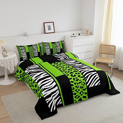 Feelyou Leopard Zebra Comforter Set King Size Kids Cheetah Green White Black Comforter for Boys Teens Animal Print Bedding Set Safari Duvet Set Geometric Room Decor Quilt Boys