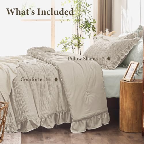 JOLLYVOGUE Full Size Comforter, 3 Pieces Oatmeal Seersucker Lightweight Full Size Bedding, All Season Fluffy Microfiber Bedding Comforter Set with 1 Ruffle Comforter and 2 Ruffle Pillowshams