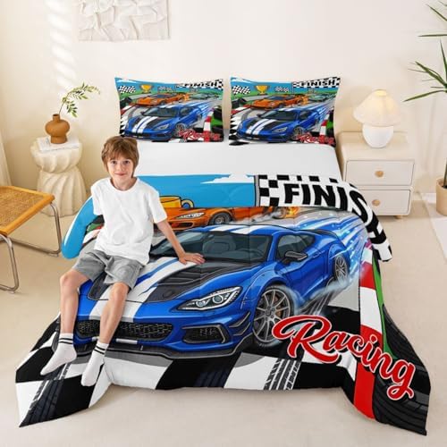 Feelyou Boys Race Car Kids Comforter Set Queen Size Sports Racing Car Bedding Set Extreme Sports Duvet Quilt for Kids Boys Girls Bedroom Automobile Decor Microfiber Ultra Soft Breathable