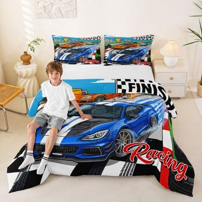Feelyou Boys Race Car Kids Comforter Set Queen Size Sports Racing Car Bedding Set Extreme Sports Duvet Quilt for Kids Boys Girls Bedroom Automobile Decor Microfiber Ultra Soft Breathable
