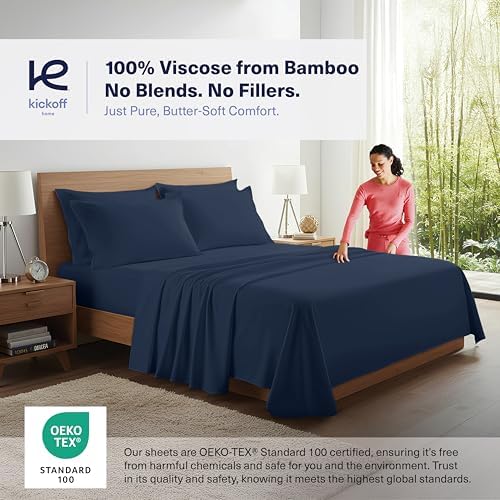 Kickoff Viscose Bamboo Sheets Queen Size 4-pc 100% Organic Bamboo Viscose Bed Cooling Sheets Queen Size Set Cool Bedding for hot Sleepers Sheet Set - Gift Ready Packaging (Navy, Q)