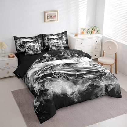 Feelyou Speed Sports Car Comforter Set with Sheets Full Size Kids Smoky Race Car 7 Pieces Bedding Set for Boys Girls Teens Racing Car Bed in a Bag Breathable Extreme Sports Bed Set Black White