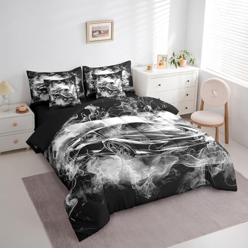 Feelyou Speed Sports Car Comforter Set with Sheets King Size Kids Smoky Race Car 7 Pieces Bedding Set for Boys Girls Teens Racing Car Bed in a Bag Breathable Extreme Sports Bed Set Black White