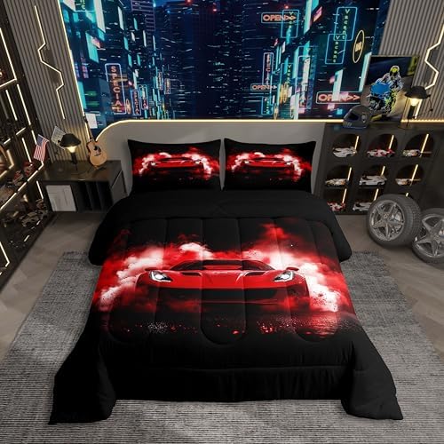 Erosebridal Red Race Car Bedding Set for Toddler Kids,Racing Car Twin Size Comforter Set for Boys,Cool Speed Sports Cars Bed Sets,Racing Games Cars Room Decor,Soft Breathable,Black Red