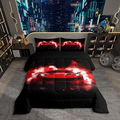 Erosebridal Red Race Car Bedding Set for Toddler Kids,Racing Car Twin Size Comforter Set for Boys,Cool Speed Sports Cars Bed Sets,Racing Games Cars Room Decor,Soft Breathable,Black Red