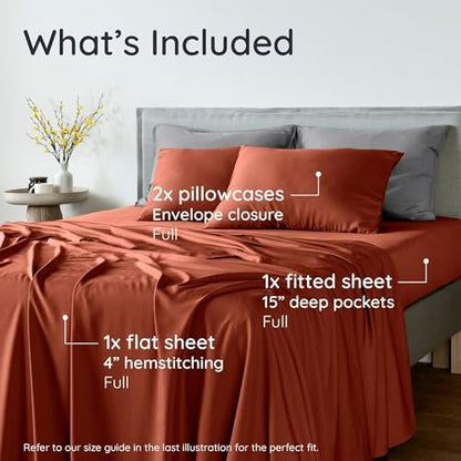 Bambaw 100% Viscose Derived from Bamboo Sheets Full Size Set – 4pcs Set of Full Size Bed Sheets Cooling and Soft, with Elastic Corner Straps, Bedding for Night Sweats (Terracotta)