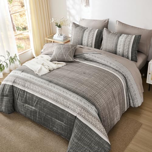 Dintszyayue Taupe Queen Comforter Size Set, 8 Pieces Striped Texture Bed in a Bag Bedding Sets, Lightweight Soft Comforter and Sheet Set, All Season Microfiber Teen Boys Bedding Sets for Men Women