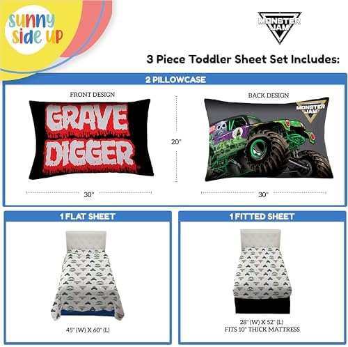 Sunny Side Up Monster Jam Grave Digger Toddler Sheet Set - 3 Piece Toddler Bedding Set Includes Pillow Cover - Super Soft Microfiber Sheets