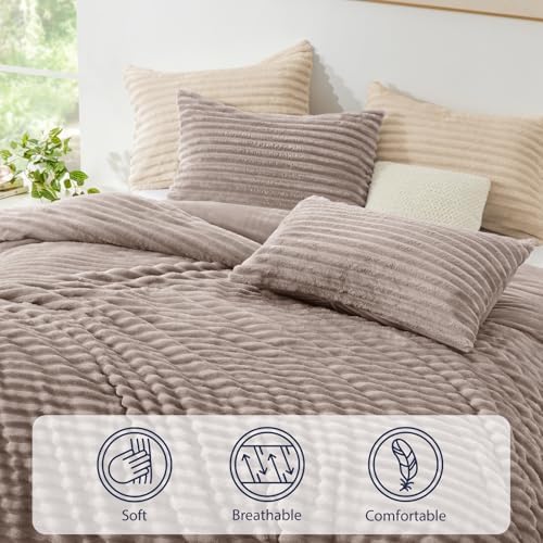 EXQ Home Fluffy Comforter Set King Size,3 Pieces Bed Set,Dark Khaki