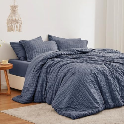 Love's cabin Seersucker Navy Blue Twin XL Comforter Set