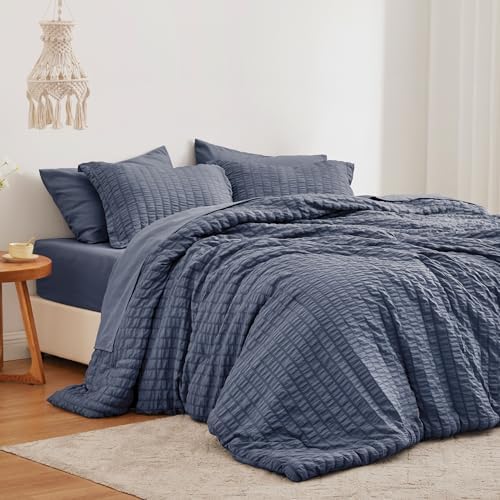 Love's cabin Seersucker Navy Blue King Size Comforter Set