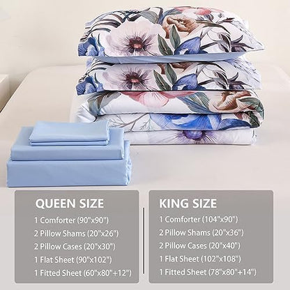 Luxudecor Floral Comforter Set King Size 7 Piece, Blue Flower Bed in a Bag, Elegant Floral Comforter with Sheet Set, Soft Microfiber Bedding Set for All Season (Blue, 104"x90")