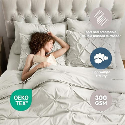 Nestl 9 Piece California King Comforter Set – Off White Pinch Pleated Bed in a Bag – Complete Cal King Size Bedding Set with Sheets, Set of 2 Cooling Pillows, Pillowcases and Shams