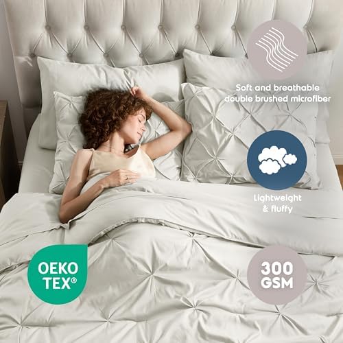 Nestl 9 Piece Queen Comforter Set – Off White Pinch Pleated Bed in a Bag – Complete Queen Size Bedding Set with Sheets, Set of 2 Cooling Pillows, Pillowcases and Shams