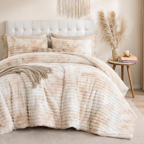 Smoofy Fluffy Full Size Comforter 3 PCS - Tie Dye Beige Fleece Bedding Set
