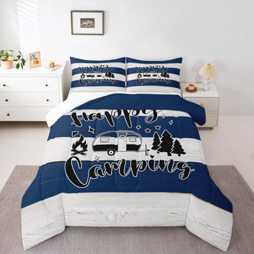 Happy Camping Comforter Set Twin Size,Camper RV Trailer Decor Bedding Set 2pcs for Kids Boys Girls Adults,Rustic Farmhouse Wooden Plank Down Comforter,Blue White Retro Duvet Insert,1 Pillowcase