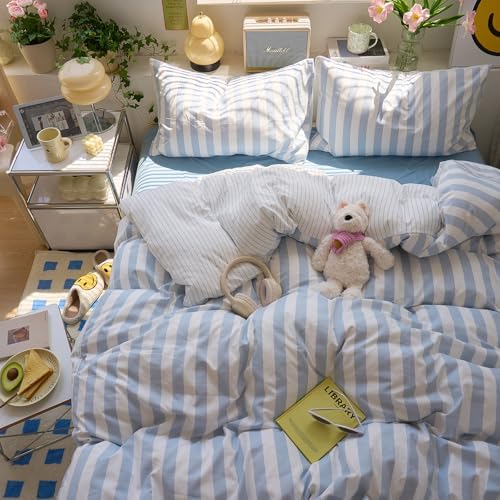 Blue Striped Comforter Set Full Size, Vintage Blue White Stripes Pattern Printed Comforter with 2 Pillowcases, Breathable Soft Lightweight Bedding Comforter Boho Farmhouse Striped Comforter Set
