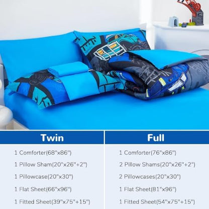 Viviland Kids Bedding Set Twin Size Comforter Sets, Bed in Blue Patchwork Monster Truck Cover Set for Children