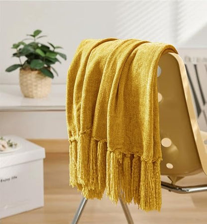 Chenille Throw Blanket for Couch 60" x 80" Twin, Yellow