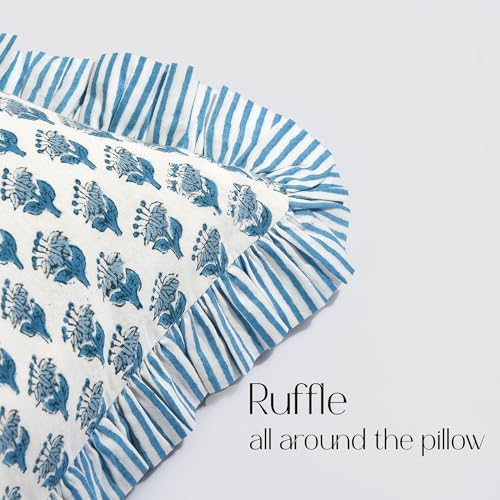 CPC Block Print Apatite Blue Ruffle Cotton Lumbar Pillow Cover 14x36 inch