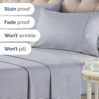 Cal King 4 Piece Striped Sheet Set - Breathable & Cooling - Navy Ombre