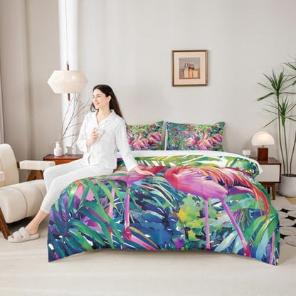 Erosebridal Flamingo King Comforter Set with Sheets 7 Piece Tropical Leaves Bed in A Bag Palm Tree Comforter Sets,Bird Romantic Bed Set