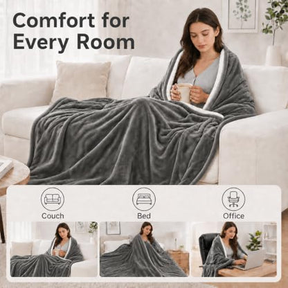 Electric Heated Blanket Queen Size 84" x 90", Soft Flannel for Bed, Couples, 10 Heat Settings, 1-12H Auto Shut Off, Dual Zone Controls, Overheat Protection, Machine Washable, Light Gray