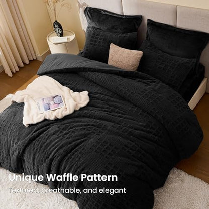 EXQ Home Waffle Comforter Set Queen Size, 3 Pieces Bed Set,Black