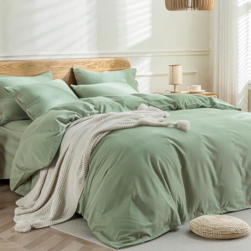 JELLYMONI Cotton Duvet Cover Full Size - Light Green Comforter Cover with Button 100% Washed Cotton 3PCS Breathable Soft Solid Bedding Set Duvet Cover 80×90in & 2 Pillowcases (NO Comforter)