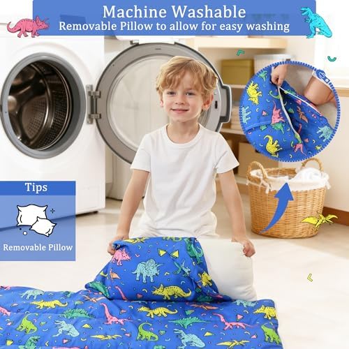 Toddler Nap Mat for Preschool 50''x30'' Sleeping Mat with Removable Pillow and Minky Blanket for Kids Ages 3-7 Roll Up Soft Sleeping Bag for Boys Girls Kindergarten Daycare Sleepover