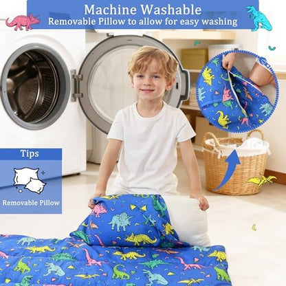 Toddler Nap Mat for Preschool 50''x30'' Sleeping Mat with Removable Pillow and Minky Blanket for Kids Ages 3-7 Roll Up Soft Sleeping Bag for Boys Girls Kindergarten Daycare Sleepover