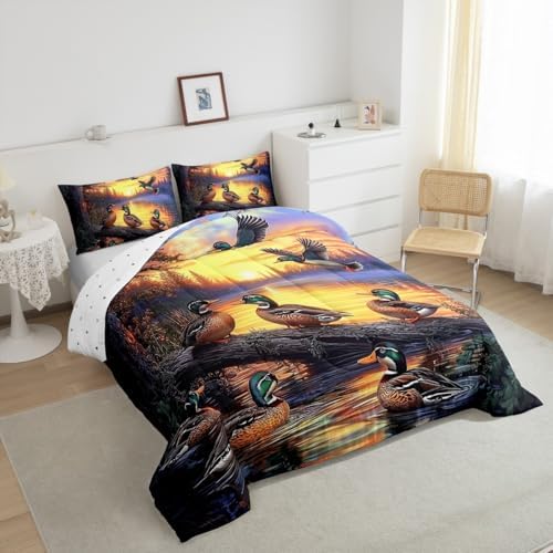 Feelyou Mallard Duck Bedding Set Boys Girls Wild Duck Hunting Comforter Set for Kids Women Men Soft Lake Cabin Farmhouse Comforter Quilt Room Decor Twin Size Duvet Set Boys