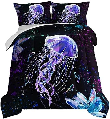 HOSIMA Ocean Theme King Size Comforter Set 3 Piece,Deep Sea Treasure Crystals Jellyfish Comforter Preppy Bedding Set,Dreamy Marine Life Colored Ink Comforter Galaxy Bedding.
