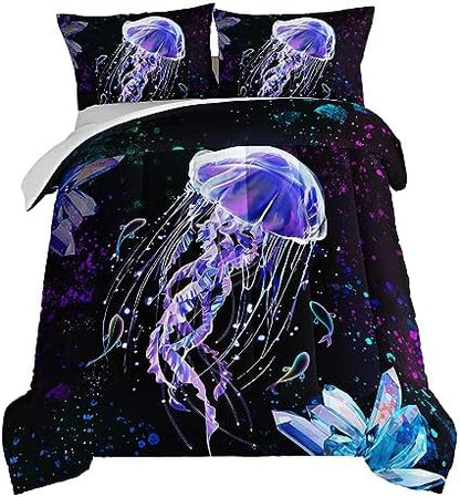 HOSIMA Ocean Theme King Size Comforter Set 3 Piece,Deep Sea Treasure Crystals Jellyfish Comforter Preppy Bedding Set,Dreamy Marine Life Colored Ink Comforter Galaxy Bedding.