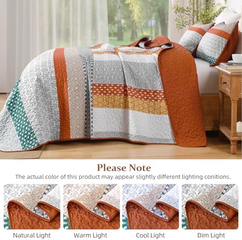 WONGS BEDDING Orange Queen Size Quilt Set, Boho Striped Patchwork Bedspread