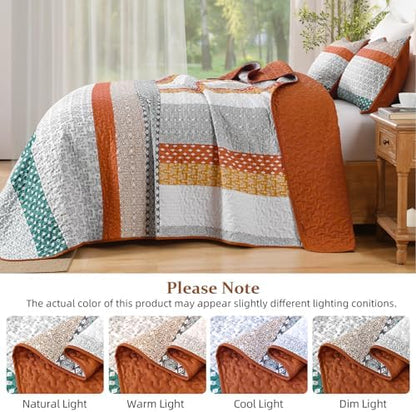 WONGS BEDDING Orange Queen Size Quilt Set, Boho Striped Patchwork Bedspread