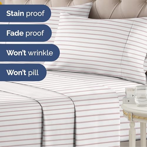 Twin 3 Piece Striped Sheet Set - Soft, Breathable & Cooling - Double Red