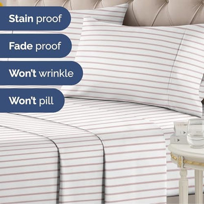 Twin 3 Piece Striped Sheet Set - Soft, Breathable & Cooling - Double Red