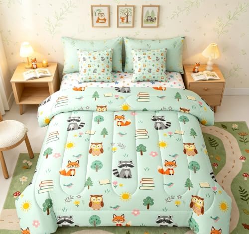 Feelyou Cute Fox Owl 7 Piece Bedding Set Zoo Animal Comforter Set with Sheets for Kids Boys Girls Cute Flower Bed in a Bag Green Orange Bed Set Soft Lightweight