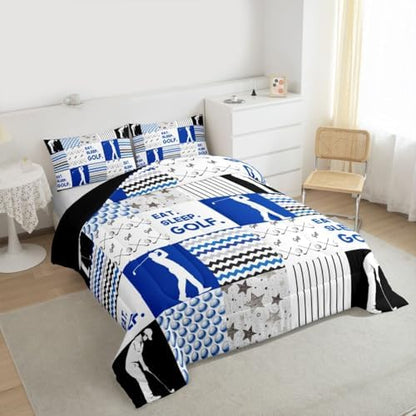 Erosebridal Boys Sports Comforter Set Full Golf Bedding Sets & Collections Golf Checkered Patchwork Bedding Set Ball Gamer Duvet Insert with 2 Pillowcase Decoratives 3pcs Athlete Player Bedroom Decor