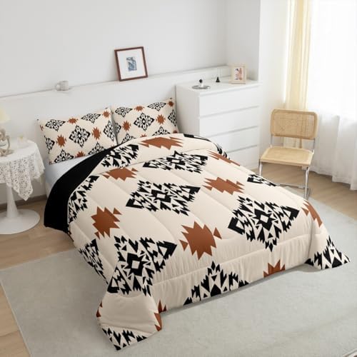 jejeloiu Boho Aztec Comforter Set King Size Kids Western Ethnic Tribal Bedding Set for Boys Girls Teens Wild West Duvet Breathable Exotic Geometric Quilt Bedroom Decor,1 Comforter with 2 Pillowcase